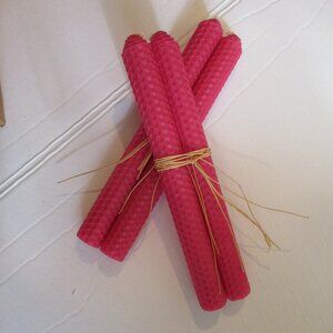 1 pair, Bees Wax candles, Hot Pink, Honeycomb pattern, Hand Rolled, 8"